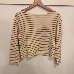 Lucky Brand Women’s Cotton Striped Cropped Long Sleeve Cream Brown Top Tee Y2K M